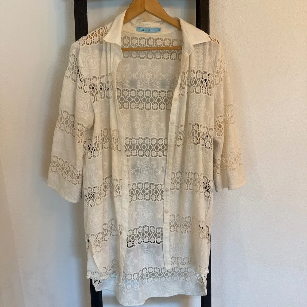 Solitaire Swim Cover Up Womens Large White Crochet Lace Embroidered Button Front